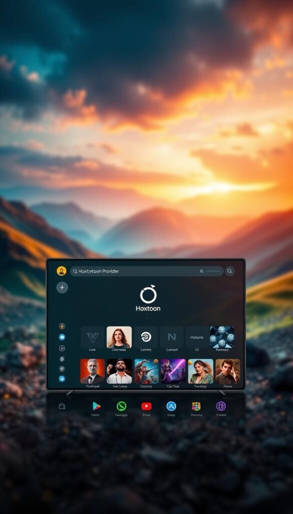 A visually stunning and feature-rich IPTV app for Mag Box, showcasing an array of captivating elements. In the foreground, a sleek and intuitive user interface displays a diverse selection of live TV channels, on-demand content, and cloud DVR options. The middle ground highlights seamless integration with the Hoxtoon Provider service, offering a vast library of premium entertainment. In the background, a vibrant and immersive landscape sets the stage, with dynamic lighting and a cinematic depth of field, conveying a sense of technological sophistication and cinematic grandeur. The overall composition exudes a professional, high-quality aesthetic, perfectly suited to showcase the key features of this IPTV app for the Mag Box platform.