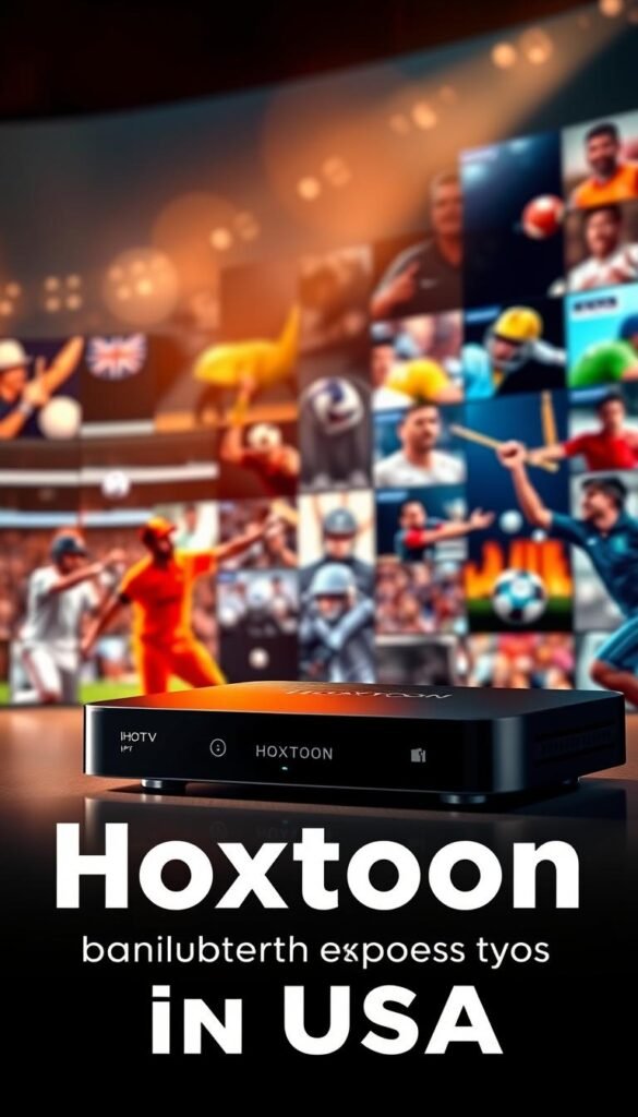 A visually stunning, photorealistic image of the Hoxtoon Provider IPTV service, showcasing its comprehensive coverage of Indian sports channels in the USA. The image depicts a modern, sleek streaming device with a clean user interface, prominently displaying the Hoxtoon logo. In the background, a vibrant array of Indian sports event footage, including cricket, kabaddi, and soccer, creates a dynamic and immersive atmosphere. The lighting is warm and inviting, with subtle highlights accentuating the device's premium design. The composition draws the viewer's attention to the Hoxtoon Provider's ability to deliver the best IPTV experience for Indian sports enthusiasts in the USA.