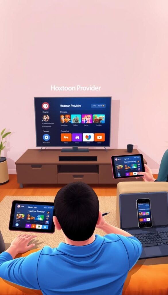 A vivid digital illustration depicting the usage of IPTV streaming across various devices. In the foreground, a modern living room setting showcases a smart TV displaying the Hoxtoon Provider IPTV service interface, with a user navigating the menus. In the middle ground, a person is streaming IPTV content on a tablet, while in the background, a smartphone and a laptop are also showcasing the Hoxtoon Provider IPTV service in use. The scene is bathed in a warm, inviting lighting, conveying the ease and convenience of IPTV technology in the USA.