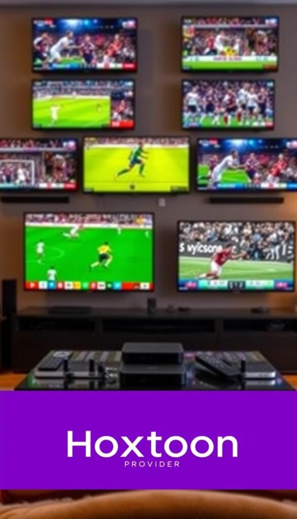A vivid high-resolution image showcasing a diverse array of IPTV sports channels on multiple screens, with the Hoxtoon Provider brand prominently displayed. The foreground features several flatscreen televisions displaying various live sports events like soccer, basketball, and rugby. The middle ground showcases a sleek, modern entertainment setup with remote controls and streaming devices. The background depicts a cozy living room environment with plush furniture and warm lighting, creating an immersive atmosphere for the sports viewing experience. The image conveys the excitement and convenience of accessing a wide range of IPTV sports channels through the Hoxtoon Provider platform.