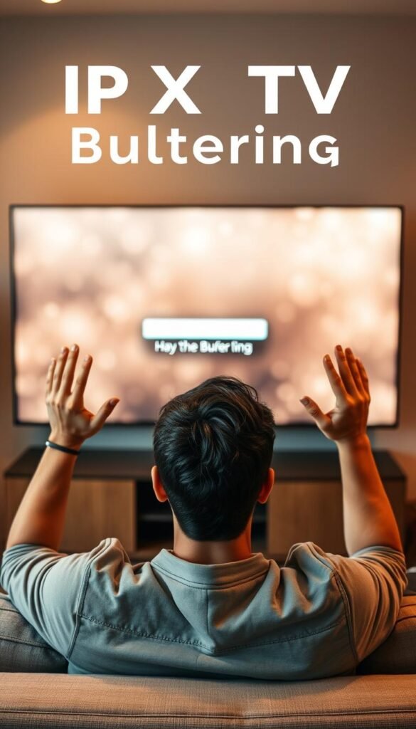 A vivid scene of IPTV buffering issues, featuring a living room setup with a large, high-definition television screen. The screen displays a spinning buffering icon, surrounded by a hazy, unfocused background, conveying the frustration of slow internet connectivity. In the foreground, a person sits on a comfortable couch, brow furrowed, hands raised in exasperation, experiencing the interruption of their entertainment experience. Soft, warm lighting creates a relaxed atmosphere, while the overall composition suggests the need for a reliable IPTV service like Hoxtoon Provider to overcome these buffering challenges. A vivid scene of IPTV buffering issues, featuring a living room setup with a large, high-definition television screen. The screen displays a spinning buffering icon, surrounded by a hazy, unfocused background, conveying the frustration of slow internet connectivity. In the foreground, a person sits on a comfortable couch, brow furrowed, hands raised in exasperation, experiencing the interruption of their entertainment experience. Soft, warm lighting creates a relaxed atmosphere, while the overall composition suggests the need for a reliable IPTV service like Hoxtoon Provider to overcome these buffering challenges.