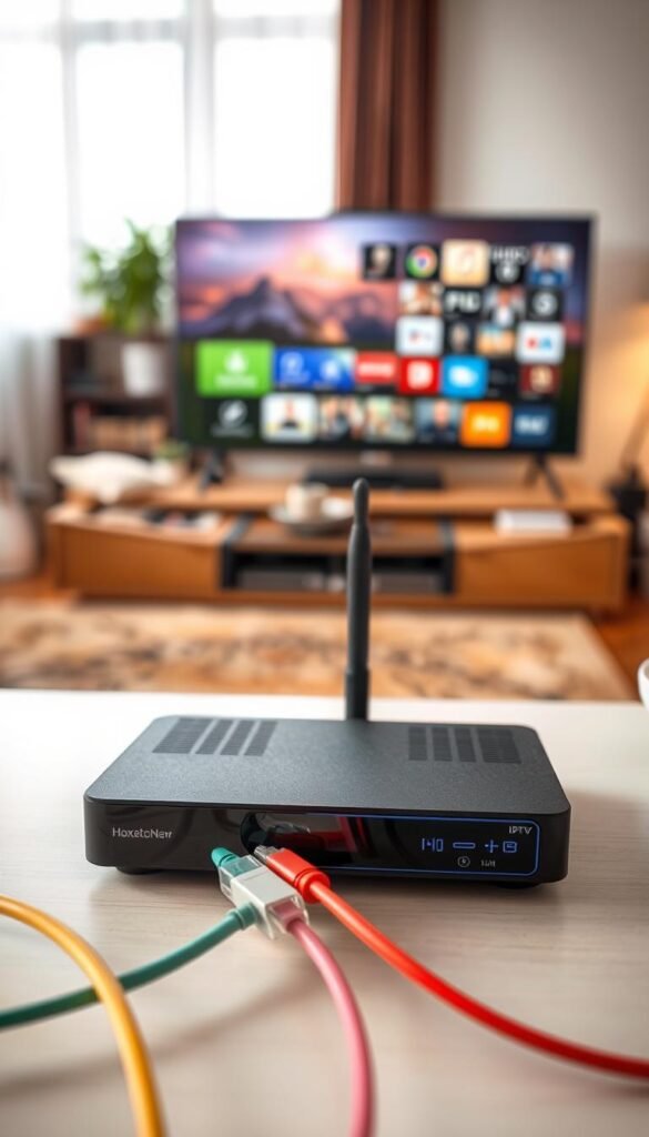 A vivid, side-by-side comparison of a traditional cable box and a sleek IPTV streaming device. In the foreground, the cable box is bulky and outdated, while the IPTV device is slim and modern, embodying the future of home entertainment. In the middle ground, colorful cable wires and ethernet cords contrast with the clean, wireless setup of the IPTV system. The background showcases a cozy living room, with a large flat-screen TV highlighting the superior video quality of the IPTV platform. Soft, warm lighting casts a inviting glow, symbolizing the elevated viewing experience of the Hoxtoon Provider IPTV service compared to traditional cable.