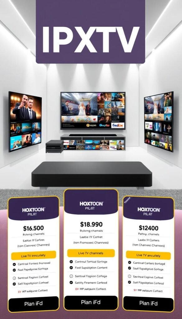 A well-designed illustration of various IPTV subscription plans offered by the Hoxtoon Provider. The foreground features several plan cards with clear pricing details, package inclusions, and a prominent Hoxtoon logo. The middle ground showcases an array of live TV channels and on-demand content thumbnails, conveying the breadth of the service. The background depicts a sleek, minimalist setting with soft lighting, creating a modern and premium atmosphere. The overall composition emphasizes the versatility and value proposition of Hoxtoon's IPTV offerings.