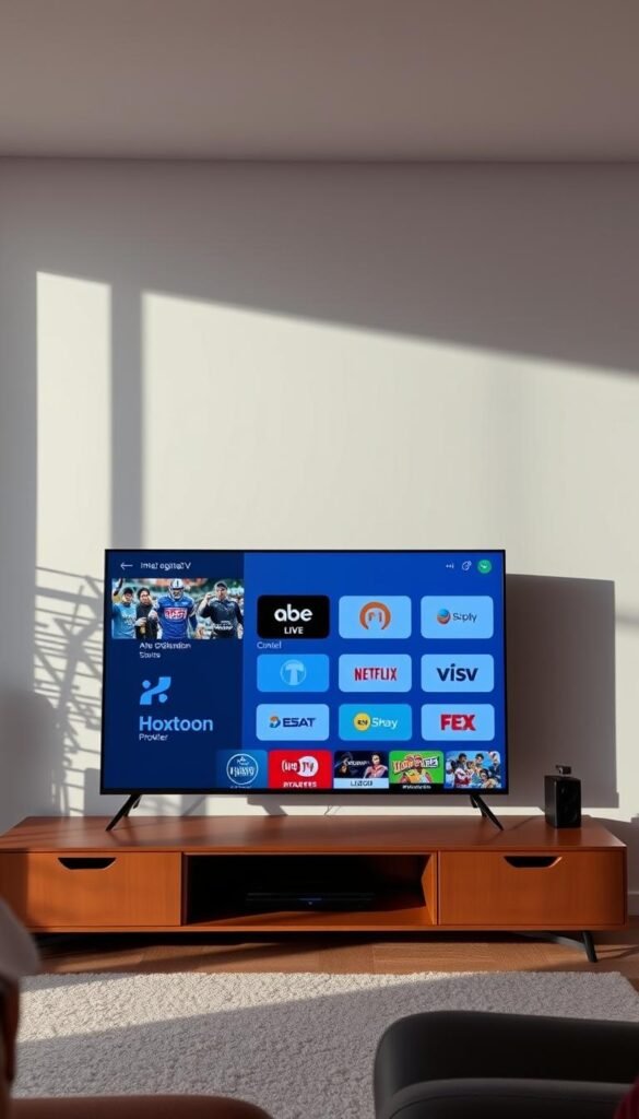 A well-designed user interface for a legitimate IPTV service, showcasing the Hoxtoon Provider brand. The scene depicts a modern, minimalist TV interface with a clean grid layout displaying a variety of live TV channels and on-demand content. The interface features subtle branding elements, intuitive navigation, and a responsive, high-definition display. The lighting is soft and natural, creating a calming atmosphere. The camera angle is slightly elevated, providing a comprehensive view of the user experience. The overall tone is professional, trustworthy, and tailored to the needs of the discerning IPTV subscriber.