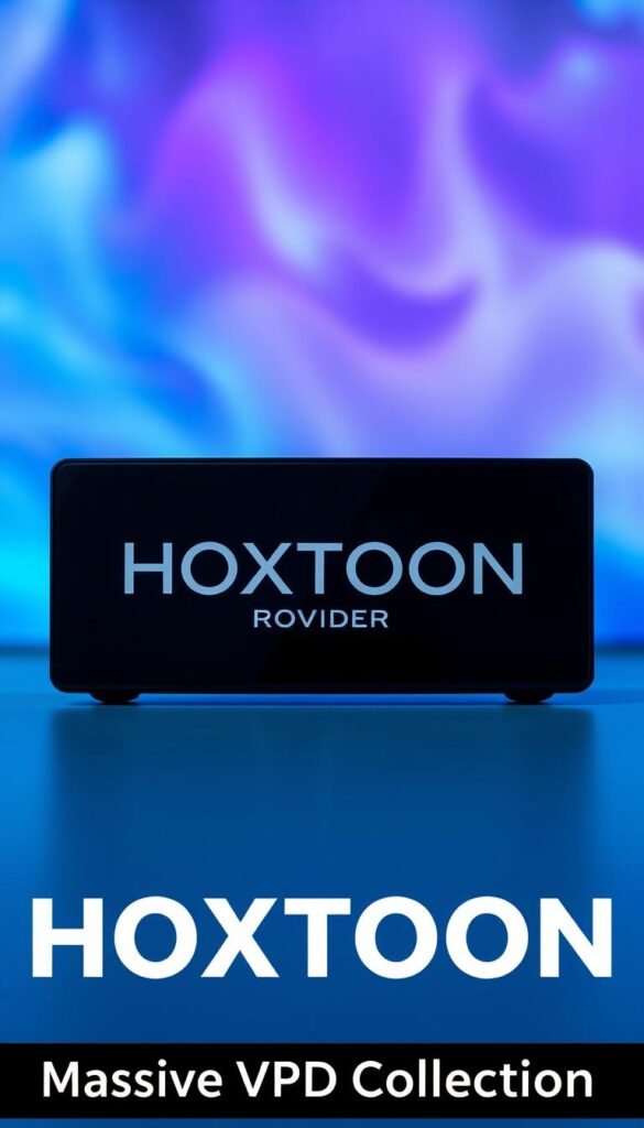 A well-designed, visually striking image of the "HOXTOON IPTV Service" in a modern, minimalist style. The frame shows a sleek, black rectangular device with the "Hoxtoon Provider" brand name prominently displayed in bold, white text. The device is set against a blurred, ethereal background of vibrant blues and purples, conveying a sense of high-tech, premium quality. The lighting is soft and diffused, creating a refined, sophisticated atmosphere. The angle is slightly elevated, giving the device a sense of authority and importance. The overall composition is balanced and visually appealing, making it an ideal illustration for the "Massive VOD Collection" section of the article.
