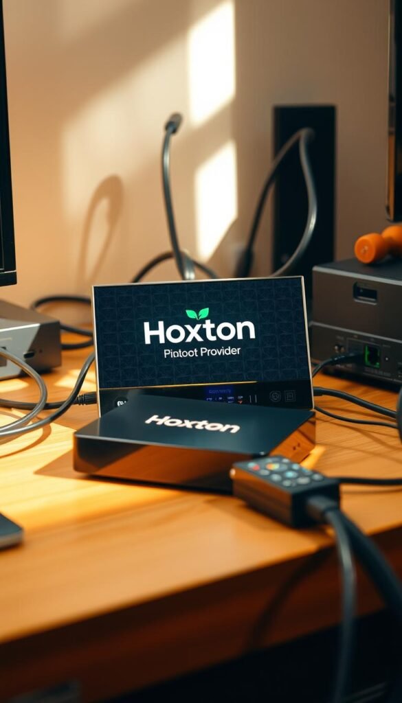 A well-lit and detailed Mag Box device sitting on a wooden desk, with a prominent Hoxtoon Provider logo displayed on the device's interface. The Mag Box is connected to various cables and surrounded by other networking equipment, conveying a sense of a home entertainment setup. The scene is bathed in a warm, natural lighting, creating a cozy and inviting atmosphere. The composition emphasizes the Mag Box as the focal point, with the surrounding elements providing context and a sense of scale.