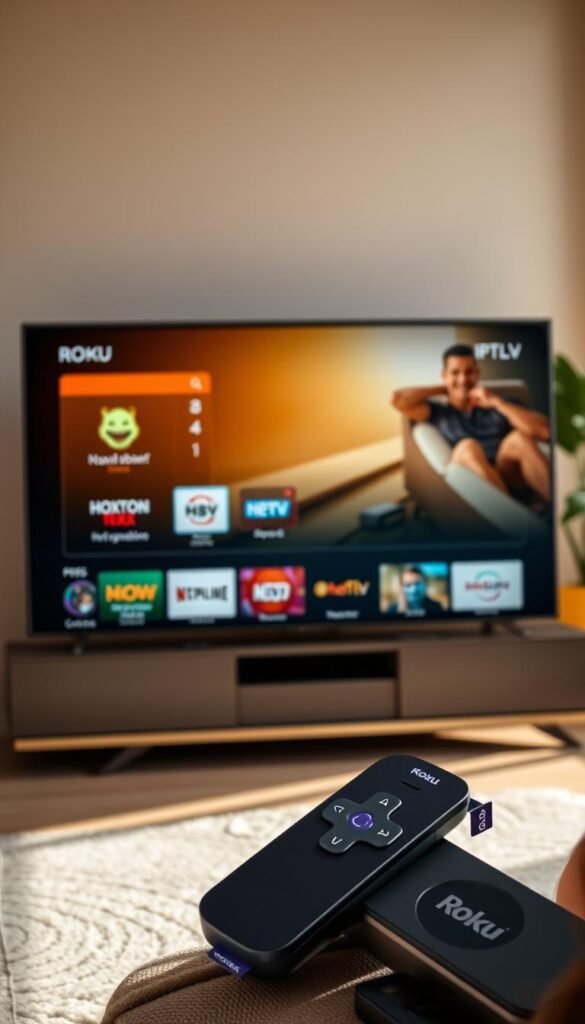 A well-lit and high-definition image of a modern living room setup with a Roku TV prominently displayed. In the foreground, several IPTV apps are shown on the Roku TV interface, including the "Hoxtoon Provider" app. The middle ground features a cozy and inviting seating area, while the background showcases a warm, natural-light-filled space with hints of greenery and minimalist decor. The overall atmosphere is one of comfort, technology, and seamless entertainment integration.