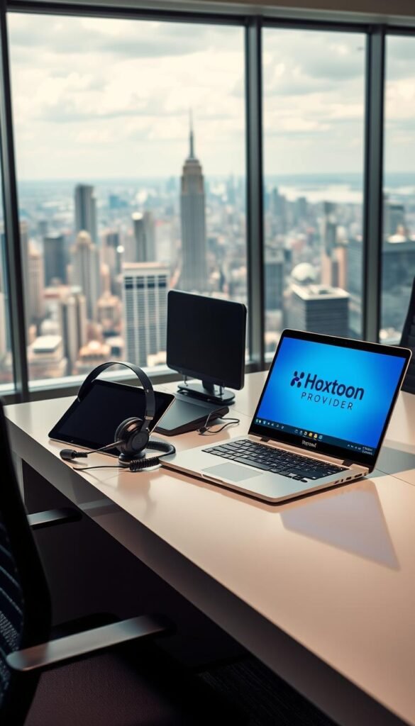 A well-lit and immersive scene of a modern office space, with a large desk prominently featuring a sleek laptop displaying the Hoxtoon Provider logo. On the desk, a high-quality headset and a professional-looking tablet demonstrate the brand's focus on customer support and service reliability. The background showcases a panoramic view of a bustling city skyline, emphasizing the global reach and connectivity of the Hoxtoon Provider platform. The overall composition conveys a sense of professionalism, responsiveness, and technological sophistication, aligning with the article's subject matter.