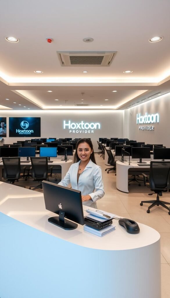 A well-lit and meticulously detailed interior of a modern customer service center for the Hoxtoon Provider IPTV service. The receptionist's desk is at the forefront, with a professional and approachable staff member ready to assist customers. Behind them, rows of workstations with high-end computers and ergonomic chairs, conveying a sense of efficiency and reliability. The walls are adorned with Hoxtoon's branding, showcasing their commitment to quality and customer satisfaction. Soft, indirect lighting creates a calming atmosphere, while sleek, minimalist decor suggests a technologically advanced and trustworthy enterprise. The overall impression is one of a well-oiled, customer-centric IPTV service provider.
