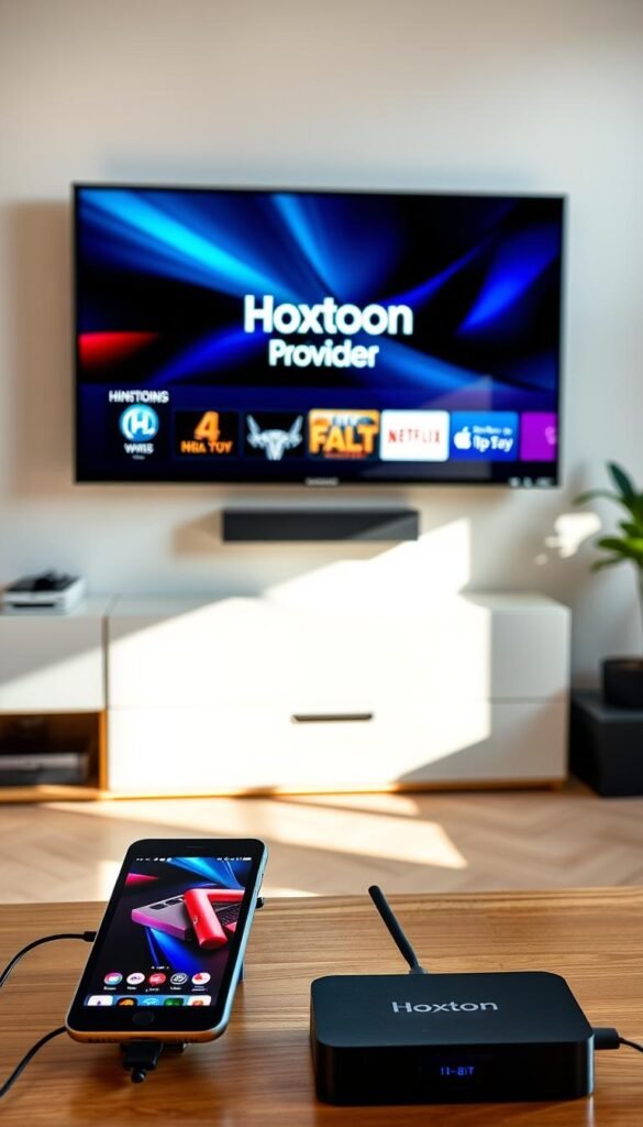 A well-lit and modern living room setting with a large, flat-screen TV mounted on the wall. The TV is displaying a vibrant, high-definition image of a streaming interface, showcasing the Hoxtoon Provider logo prominently. In the foreground, there are several electronic devices, such as a smartphone, tablet, and a streaming media player, all connected and ready to access the Hoxtoon IPTV service. The room is filled with natural light, creating a warm and inviting atmosphere, and the overall composition emphasizes the ease and convenience of multi-device streaming with the Hoxtoon Provider.