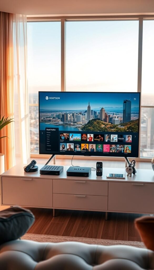 A well-lit and modern living room setting, with a sleek Hoxtoon Provider media console at the center. On the console, various streaming devices are neatly arranged, including a smart TV, a streaming box, a tablet, and a smartphone, all connected and ready to access the Hoxtoon Provider's extensive content library. The room is bathed in a warm, natural light, creating a cozy and inviting atmosphere. In the background, a large window overlooking a scenic cityscape adds depth and dimension to the scene. The overall composition conveys the ease and convenience of multi-device streaming with the Hoxtoon Provider.