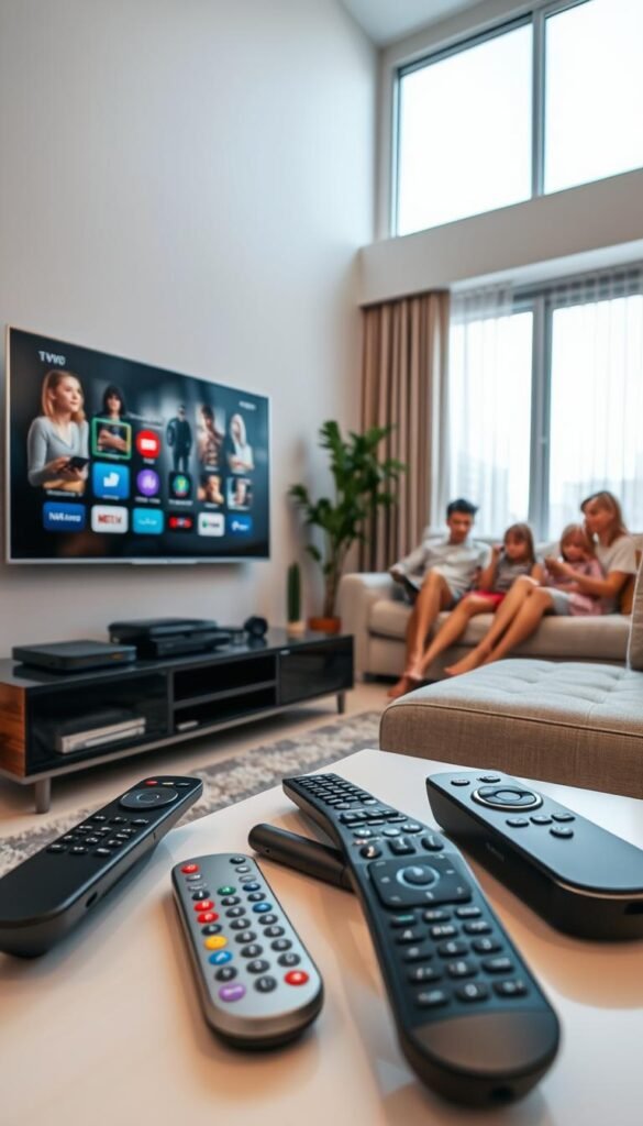 A well-lit and modern living room, with a sleek TV stand showcasing multiple streaming devices. In the foreground, an array of remote controls and smart devices, representing the seamless integration of Hoxtoon Provider's IPTV solution across various platforms. The middle ground features a family relaxing on a comfortable couch, absorbed in their respective devices, enjoying a diverse range of content. The background includes large windows, allowing natural light to flood the space, creating a warm and inviting atmosphere. The scene conveys the convenience and versatility of Hoxtoon Provider's IPTV Lifetime Plan, enabling uninterrupted entertainment for the entire household.