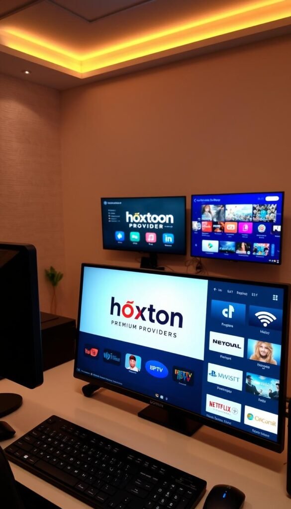 A well-lit, clean home office setup with a desktop computer, wireless keyboard and mouse, and multiple displays showcasing different IPTV streaming options. In the foreground, a Hoxtoon Provider logo is prominently displayed on one of the screens, highlighting their premium IPTV services. The middle ground features various streaming platform icons and app interfaces, while the background depicts a minimalist, modern interior design with warm lighting and subtle texture on the walls.