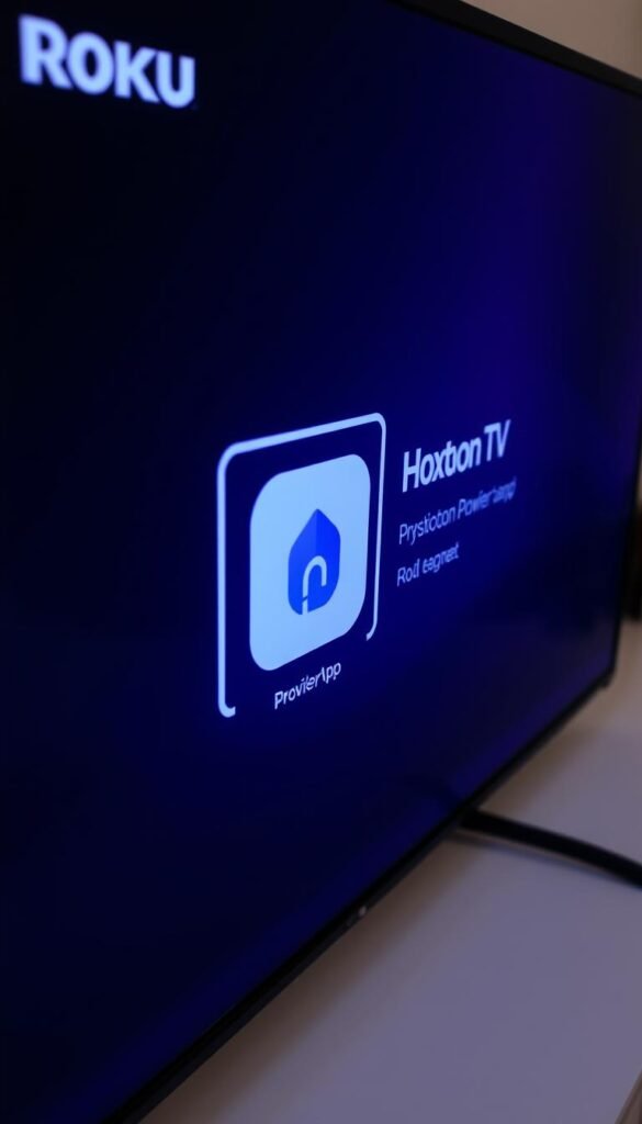 A well-lit, close-up view of a Roku TV's home screen, prominently displaying the Hoxtoon Provider IPTV app icon. The screen has a clean, modern interface with minimal clutter, allowing the app to be the focal point. The TV is positioned at an angle, creating a sense of depth and highlighting the on-screen details. The background is slightly blurred, emphasizing the IPTV app and the user's interaction with the Roku device. The overall mood is one of simplicity, functionality, and the ease of setting up IPTV channels on a Roku TV using the Hoxtoon Provider app.