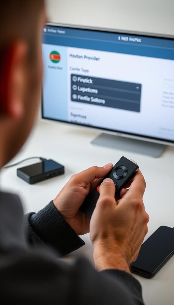 A well-lit close-up view of a person's hands troubleshooting a Firestick device, with the Hoxtoon Provider app open on the screen. The user is focused, examining the Firestick connections and settings, surrounded by a clean, minimalist workspace. The image conveys a sense of problem-solving and technical expertise, with the Firestick serving as the central focus. The lighting is soft and natural, emphasizing the details of the troubleshooting process.
