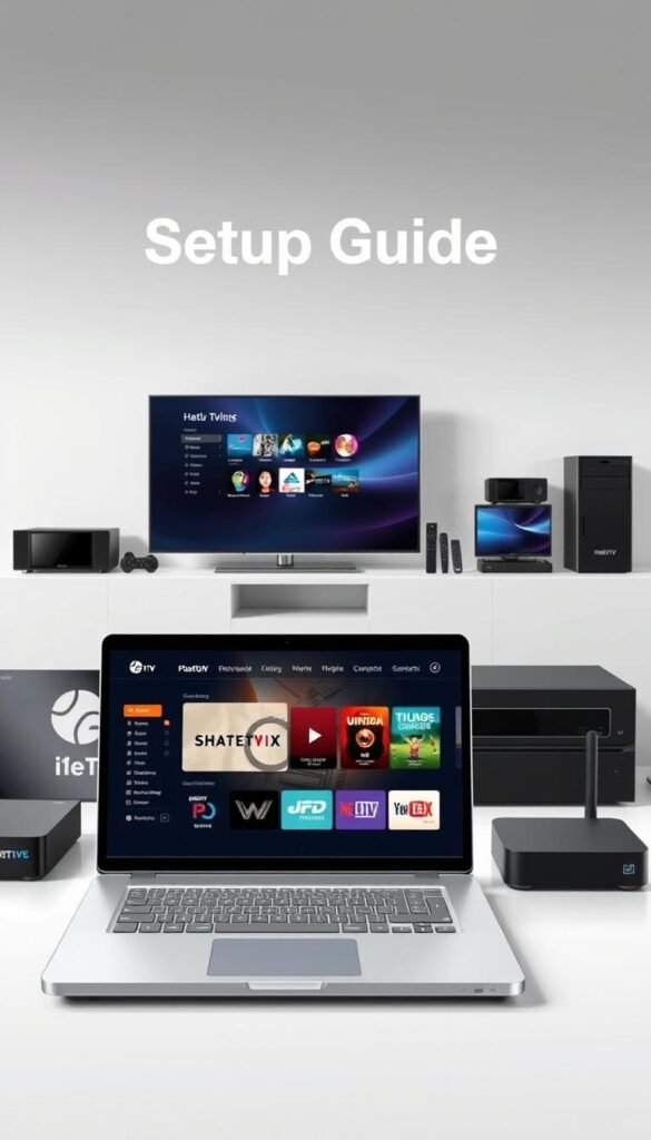 A well-lit, crisp digital illustration depicting the setup guide for the Hoxtoon Provider IPTV service. In the foreground, a laptop or tablet display showcases the Hoxtoon Provider's user interface, highlighting the easy-to-navigate menu system and intuitive controls. In the middle ground, various modern streaming devices such as smart TVs, set-top boxes, and mobile devices are arranged, representing the wide compatibility of the Hoxtoon Provider platform. The background features a clean, minimalist workspace with subtle technical elements like circuit boards or server racks, conveying the reliable and professional nature of the Hoxtoon Provider service. The overall tone is sleek, modern, and visually appealing, reflecting the high-quality IPTV experience offered by the Hoxtoon Provider.