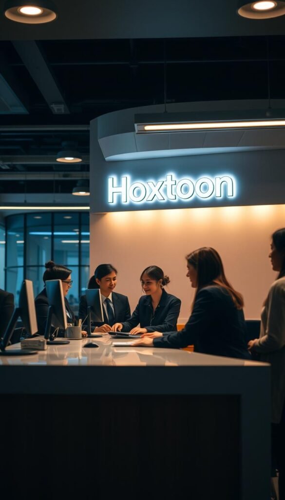 A well-lit customer service desk, staffed by friendly, attentive Hoxtoon Provider representatives. Customers are engaged in polite, constructive conversations, with the Hoxtoon logo prominently displayed. The atmosphere is professional yet welcoming, with a clean, modern design aesthetic. Subtle, warm lighting casts a comforting glow, and the angle captures the entire scene, showcasing the team's dedication to exceptional customer care. The image conveys the Hoxtoon Provider's commitment to service excellence, ready to assist users with any inquiries or concerns.