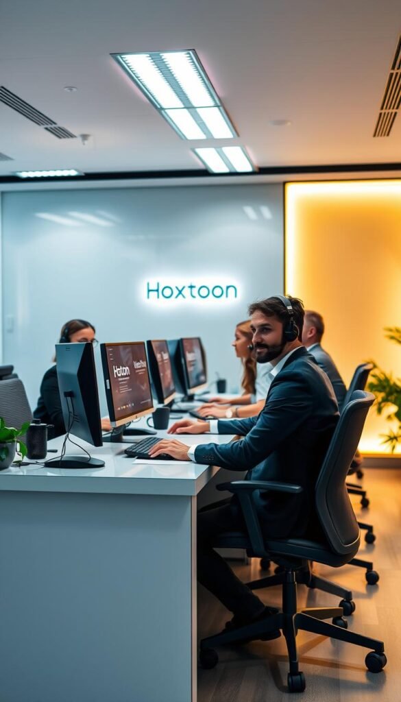A well-lit customer support desk in a modern office, staffed by a team of Hoxtoon Provider agents attentively assisting customers. The agents wear smart casual attire and their expressions convey professionalism and a genuine desire to help. The desk is equipped with high-quality computer equipment and displays showcasing the Hoxtoon Provider brand. The background features a sleek, minimalist decor with warm lighting, creating a welcoming and efficient atmosphere. The overall scene emphasizes the quality of Hoxtoon Provider's customer service and commitment to supporting their clients.