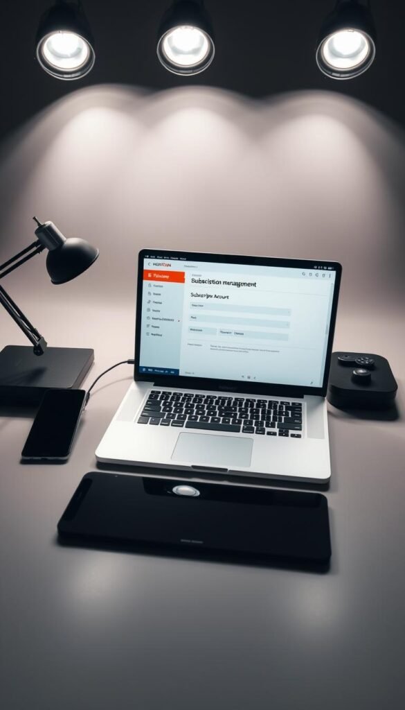 A well-lit desktop setup with a laptop, smartphone, and a tablet arranged neatly. On the laptop screen, a HOXTOON Provider subscription management interface is prominently displayed, showcasing the process of setting up an IPTV account. The desktop is adorned with a sleek, modern aesthetic, complemented by subtle studio lighting from multiple angles, creating a professional and informative atmosphere. The overall composition emphasizes the ease and simplicity of the IPTV subscription setup process with the HOXTOON Provider.