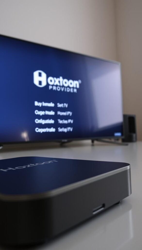 A well-lit, detailed close-up view of a Mag Box media device, its UI display screen showcasing the Hoxtoon Provider logo and setup menu. The foreground features the device's sleek, modern chassis with brushed metal accents. The middle ground shows the UI in crisp, legible detail, with options to configure Hoxtoon's IPTV services. The background subtly blurs, maintaining focus on the Mag Box and its on-screen interface. Lighting is soft and diffused, creating an atmosphere of technological sophistication. The overall scene conveys a sense of seamless integration between the Mag Box hardware and the Hoxtoon streaming platform.