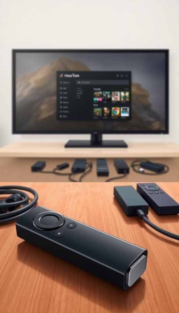 A well-lit, detailed illustration of a Fire Stick device on a wooden surface, showcasing the process of setting up the Hoxtoon Provider IPTV service. The Fire Stick is positioned in the foreground, with an open Hoxtoon app interface displayed on the screen. In the middle ground, various cables and remote controls are neatly arranged, conveying the technical nature of the setup. The background features a neutral, slightly blurred environment, allowing the main focus to remain on the Fire Stick and the Hoxtoon app. The overall mood is one of a step-by-step, informative guide, designed to help the viewer understand the installation process of the Hoxtoon Provider IPTV service on a Fire Stick.