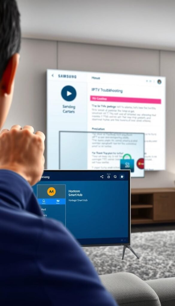 A well-lit, detailed illustration of a person troubleshooting an IPTV issue on a Samsung Smart TV. The foreground shows a hand interacting with the TV's interface, with the Samsung Smart Hub visible. The middle ground showcases the Hoxtoon Provider IPTV app open, displaying troubleshooting information. The background features a sleek, modern living room setting with neutral tones, drawing focus to the TV and troubleshooting process. Crisp, high-resolution visuals with a professional, informative tone to complement the article's subject.