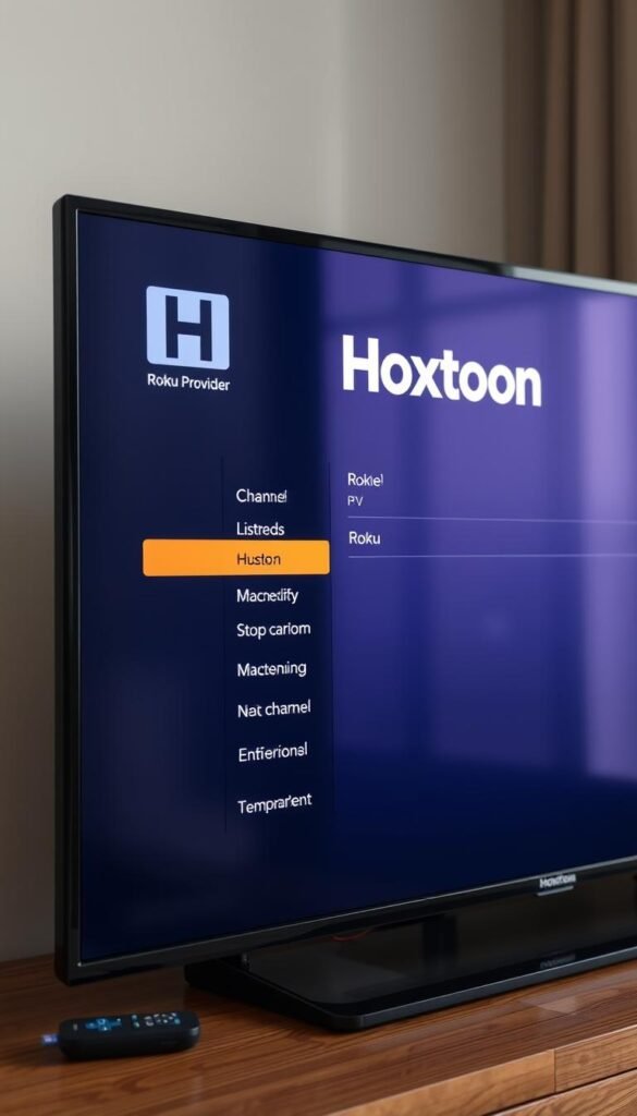 A well-lit, detailed image of a Roku TV displaying the IPTV configuration screen, showcasing the Hoxtoon Provider service. The TV is placed on a wooden table, with a modern, minimalist setup. The screen shows the Hoxtoon logo, channel listings, and options for customizing the IPTV experience. The lighting is soft and diffused, creating a warm, inviting atmosphere. The camera angle is slightly elevated, providing a clear view of the Roku TV interface and highlighting the Hoxtoon branding. The overall scene conveys the reliability and customer support of the Hoxtoon IPTV service.