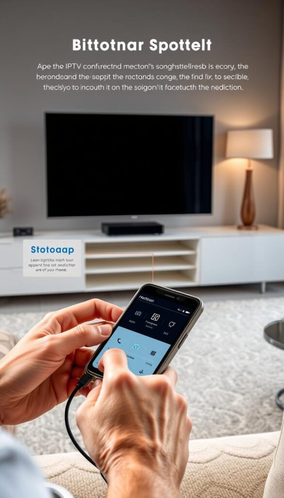 A well-lit, detailed image of the Hoxtoon Provider IPTV setup process. Show a modern home entertainment system with a television, streaming device, and smartphone prominently displayed. In the foreground, depict the user's hands carefully connecting cables and configuring the Hoxtoon app on the device. The middle ground should feature step-by-step instructions overlaid on the scene, guiding the viewer through the installation. In the background, showcase a stylish living room interior with minimal decor, emphasizing the ease and convenience of the Hoxtoon IPTV setup. Use a high-resolution, photorealistic style to convey the professionalism and reliability of the Hoxtoon Provider service.