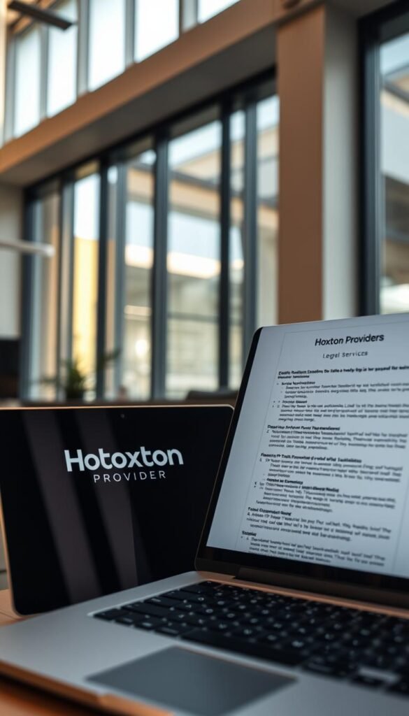 A well-lit, detailed scene of legal IPTV services in the United States. In the foreground, a stylish laptop displays the Hoxtoon Provider logo, showcasing its legal streaming offerings. The middle ground features a document outlining the relevant regulations and guidelines for IPTV services, conveying a sense of professionalism and compliance. The background depicts a modern, minimalist office setting with floor-to-ceiling windows, allowing natural light to fill the space and create a warm, inviting atmosphere. The overall mood is one of credibility, transparency, and attention to legal considerations in the IPTV industry.