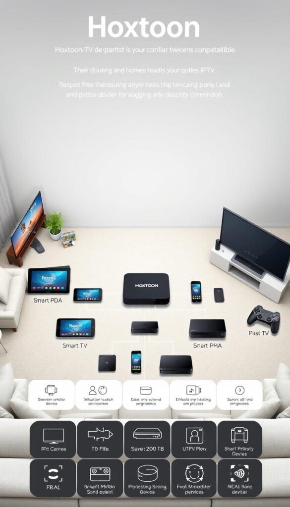 A well-lit, detailed setup diagram showcasing the Hoxtoon IPTV provider's device compatibility. Crisp, high-resolution rendering of a living room setting with a central focus on a Hoxtoon device surrounded by various popular streaming platforms and smart home gadgets - tablets, smartphones, smart TVs, gaming consoles, and media players. The scene has a clean, modern aesthetic with neutral tones and soft lighting, emphasizing the seamless integration of the Hoxtoon IPTV provider across multiple devices. Technical specifications and compatibility icons are subtly incorporated into the design, creating an informative yet visually appealing illustration.