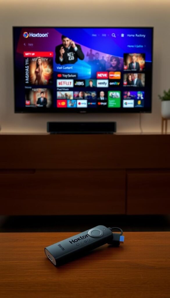 A well-lit, detailed setup process for the Hoxtoon Provider IPTV service. In the foreground, a modern smart TV displays the Hoxtoon app interface, showcasing its intuitive design and vast content library. In the middle ground, a sleek streaming device, such as a Roku or Fire TV Stick, is connected via HDMI, highlighting the seamless integration. The background features a minimalist home entertainment setup, with subtle ambient lighting and carefully arranged decor, creating a cozy, inviting atmosphere for the user's viewing experience. The overall scene conveys the ease and sophistication of the Hoxtoon Provider setup, enticing the viewer to explore the service further.