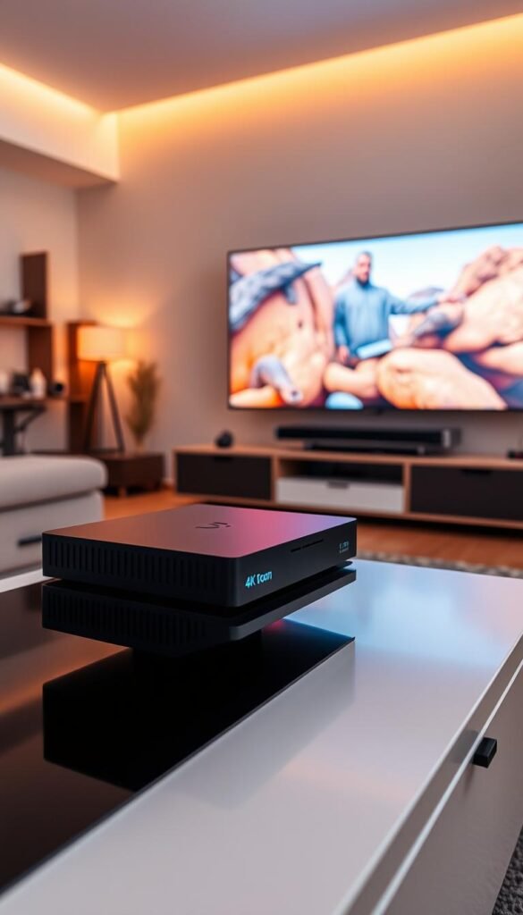 A well-lit, high-angle shot of a modern living room setup, showcasing the Hoxtoon Provider 4K IPTV device prominently placed on a sleek, minimalist TV stand. The room is bathed in warm, diffused lighting, creating a cozy and inviting atmosphere. In the background, a large 4K UHD television displays vivid, high-quality imagery, highlighting the exceptional visual fidelity of the Hoxtoon 4K IPTV service. The frame captures the seamless integration of the device into the home environment, conveying the user-friendly and reliable nature of the Hoxtoon Provider.