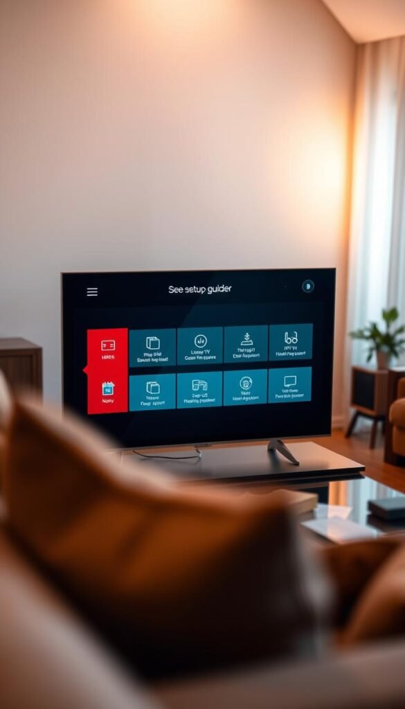 A well-lit, high-angle shot of a modern smart TV display showing the Hoxtoon Provider IPTV setup guide. The guide features clear step-by-step instructions, intuitive icons, and a clean, minimal design aesthetic. The TV is set against a blurred backdrop of a cozy living room, with warm lighting and subtle textures in the foreground. The overall mood is one of simplicity, ease of use, and a premium home entertainment experience. The Hoxtoon Provider logo is prominently displayed, conveying the brand's reliable and trustworthy services.