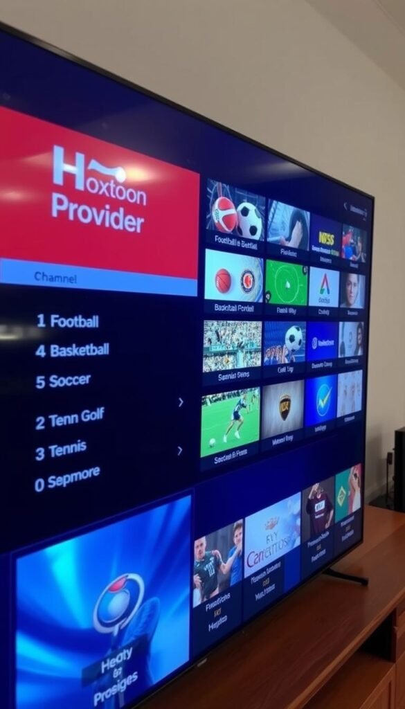 A well-lit, high-definition sports channel lineup displayed on a sleek, modern IPTV interface. The channels are arranged in a grid, with clear icons and names for each sport - football, basketball, soccer, tennis, golf, and more. The Hoxtoon Provider logo is prominently featured, conveying a sense of quality and reliability. The overall presentation is clean, inviting, and easy to navigate, reflecting the superior customer support and service promised by the Hoxtoon IPTV platform.