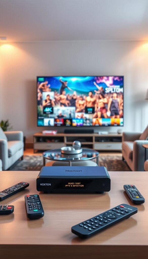 A well-lit, high-fidelity scene depicting the benefits of IPTV streaming services. In the foreground, a state-of-the-art Hoxtoon Provider set-top box showcases its 4K streaming capabilities, surrounded by various remote controls and streaming devices. The middle ground features a large, ultra-high-definition smart TV displaying vivid, crystal-clear IPTV content. In the background, a cozy living room setting with plush furniture and warm lighting creates a relaxing atmosphere. The overall composition conveys the ease and enjoyment of IPTV streaming for the modern viewer.