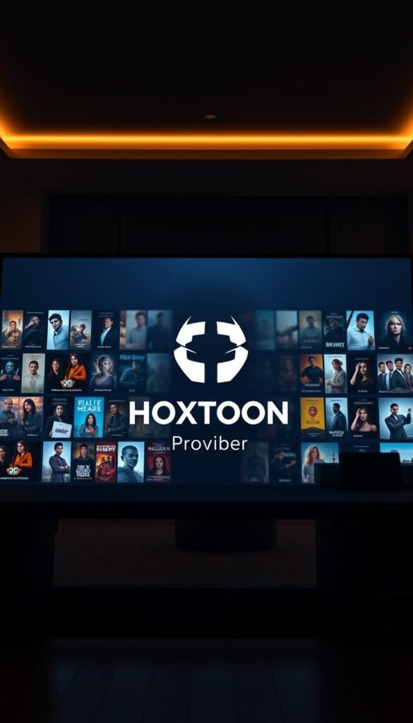 A well-lit, high-quality 4K cinematic image of the "HOXTOON VOD Library" interface. The foreground features a sleek, modern UI with a large selection of movie and TV show thumbnails displayed in a grid layout. The middle ground showcases the Hoxtoon Provider brand logo prominently placed, lending an air of authority and professionalism. The background depicts a dimly lit, cozy living room setting, with soft ambient lighting and plush furnishings, creating a comfortable and inviting atmosphere for enjoying the vast HOXTOON content library. The overall composition conveys a sense of unlimited entertainment options available at the user's fingertips.