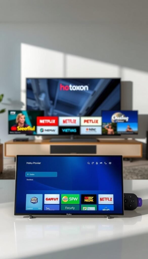 A well-lit, high-quality comparison of IPTV apps for Roku TV, showcasing the Hoxtoon Provider app alongside other popular options. The Hoxtoon Provider app is prominently featured in the foreground, its sleek interface and intuitive layout clearly visible. In the middle ground, other IPTV apps are displayed, allowing for a side-by-side evaluation of features and performance. The background depicts a modern, minimalist living room setting, emphasizing the integration of these apps into a home entertainment system. The lighting is soft and natural, creating a sense of clarity and professionalism. The overall composition highlights the key differences and advantages of the Hoxtoon Provider app compared to its competitors.