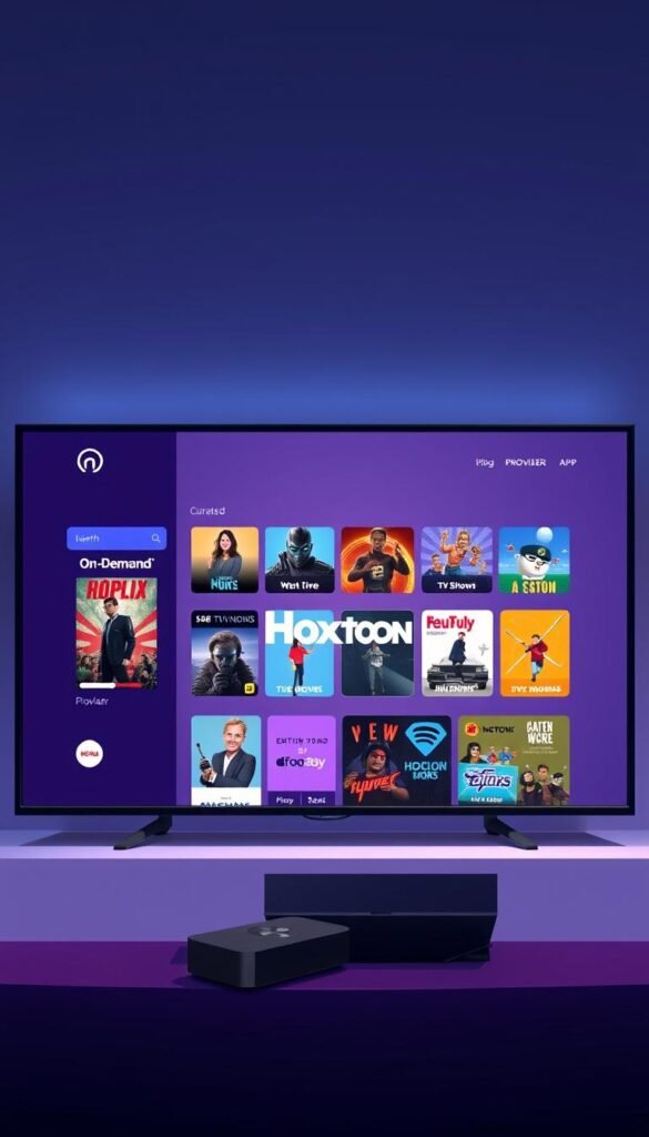 A well-lit, high-quality digital illustration depicting a modern Roku TV interface showcasing the Hoxtoon Provider app. The TV screen displays a vibrant, curated selection of on-demand entertainment content, including movies, TV shows, and live channels. The Hoxtoon logo is prominently featured, conveying the app's branding and identity. The overall scene has a sleek, minimalist aesthetic with clean lines and a sophisticated color palette, creating an inviting and user-friendly atmosphere for the viewer.
