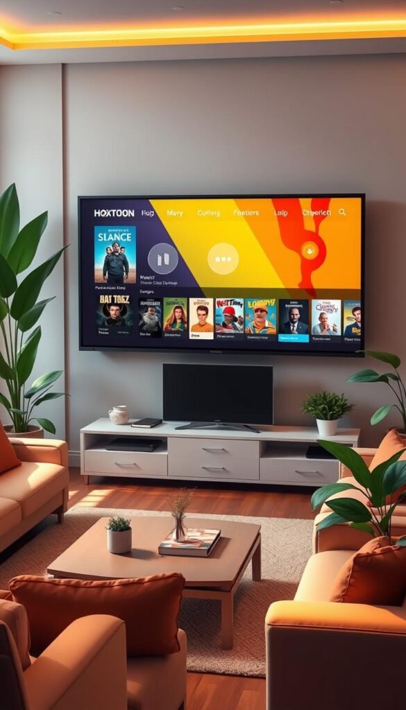A well-lit, high-quality digital illustration showcasing a modern living room setup with a large flatscreen TV prominently displayed. On the TV screen, a diverse selection of entertainment options is visible, including movie posters, TV show thumbnails, and the Hoxtoon Provider logo. The room is stylishly furnished with comfortable couches, a coffee table, and lush indoor plants, creating a cozy and inviting atmosphere. The scene is captured from a slightly elevated perspective, allowing the viewer to appreciate the full scope of the entertainment setup. Soft, warm lighting illuminates the space, enhancing the sense of comfort and relaxation.