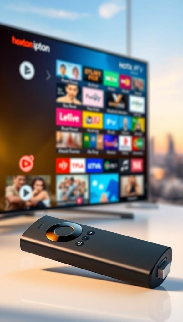 A well-lit, high-quality digital render of a Firestick device prominently displayed in the foreground, showcasing the sleek and modern design. Behind it, a vibrant and dynamic image of the Hoxtoon IPTV service interface, featuring a wide selection of live TV channels, on-demand content, and intuitive navigation. The background is a soft, blurred cityscape, evoking a sense of urban sophistication. The overall composition conveys the power, reliability, and user-friendliness of the Hoxtoon IPTV solution for Firestick users.