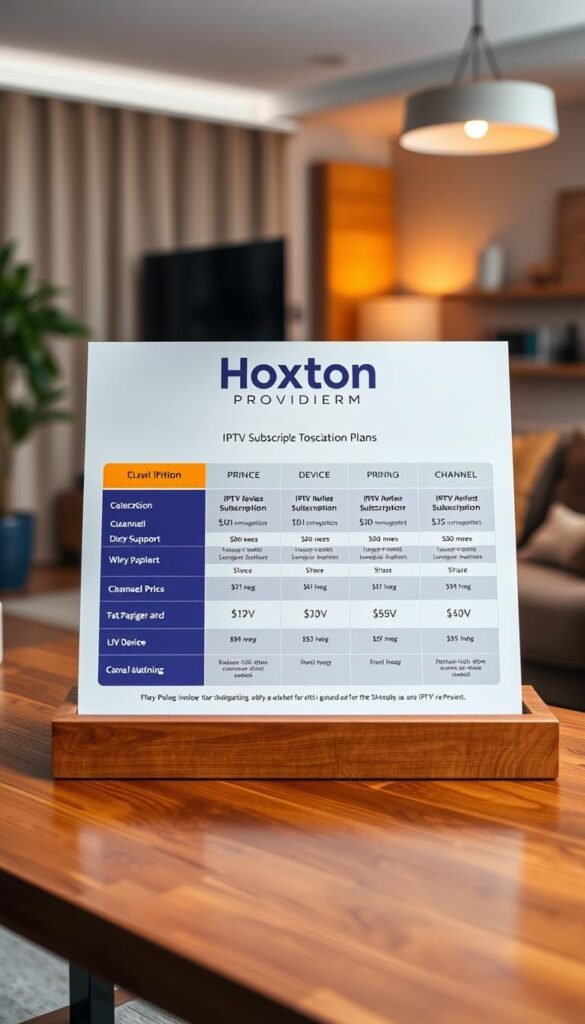 A well-lit, high-quality image of an IPTV subscription plan board displayed on a wooden table. The plan board features the Hoxtoon Provider brand prominently, showcasing their various IPTV subscription options with clear pricing, device support, and channel information. The background is a soft, blurred scene of a cozy living room, creating a warm and inviting atmosphere. The overall composition is visually appealing, drawing the viewer's attention to the key details of the IPTV subscription plans.