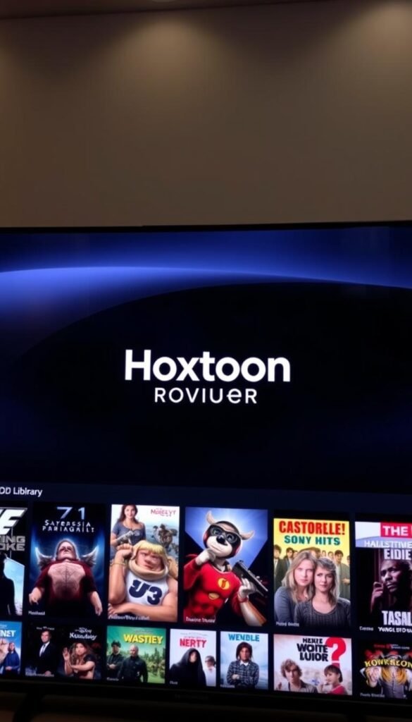 A well-lit, high-quality image of the "Hoxtoon Provider" IPTV VOD library interface. The foreground features a curated selection of movie and TV show thumbnails, showcasing the breadth and depth of the content available. The middle ground displays the Hoxtoon Provider branding prominently, conveying the service's identity. The background depicts a sleek, modern design with clean lines and a subtle gradient, creating a sophisticated and immersive atmosphere. The lighting is soft and balanced, highlighting the vibrant colors and details of the on-screen content. The camera angle is slightly elevated, providing an inviting and accessible view of the comprehensive VOD library.
