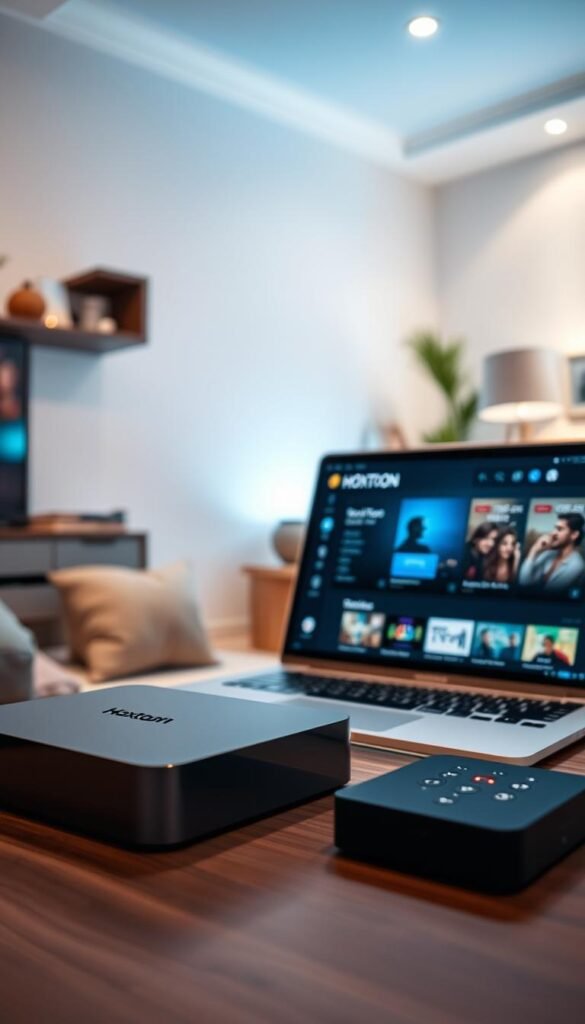 A well-lit, high-quality image of the "Hoxtoon Provider" IPTV service. The frame shows a sleek, modern set-top box with minimalist design, along with a laptop displaying the Hoxtoon user interface. In the background, there is a cozy, home-like atmosphere with soft lighting and hints of technology. The overall scene conveys a sense of reliability, customer satisfaction, and a premium IPTV experience. The camera angle is slightly elevated, creating a professional, authoritative perspective.