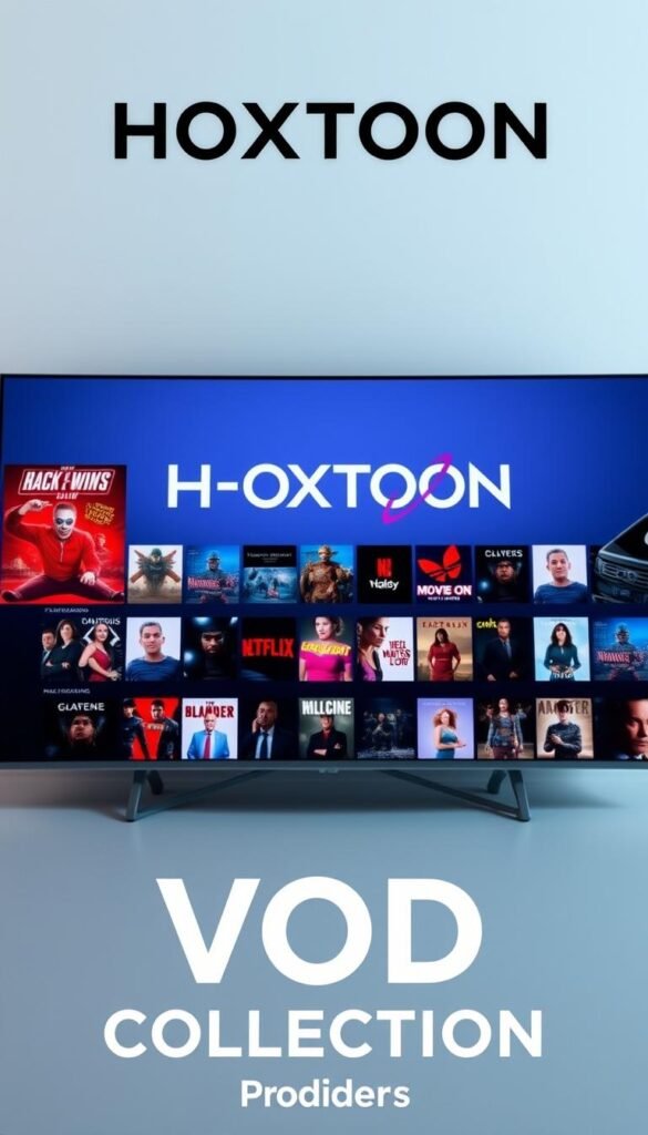 A well-lit, high-quality image showcasing the "HOXTOON VOD Collection" in a sleek, modern interface. In the foreground, a large, prominently displayed "HOXTOON Provider" logo commands attention, hinting at the brand's premium quality and vast media library. The middle ground features rows of thumbnails representing the diverse range of on-demand content, from the latest blockbuster movies to captivating TV series. The background subtly fades into a minimalist, gradient-based design, creating a clean and visually appealing composition. The overall atmosphere radiates a sense of sophistication and entertainment, inviting the viewer to explore the extensive HOXTOON VOD offerings.