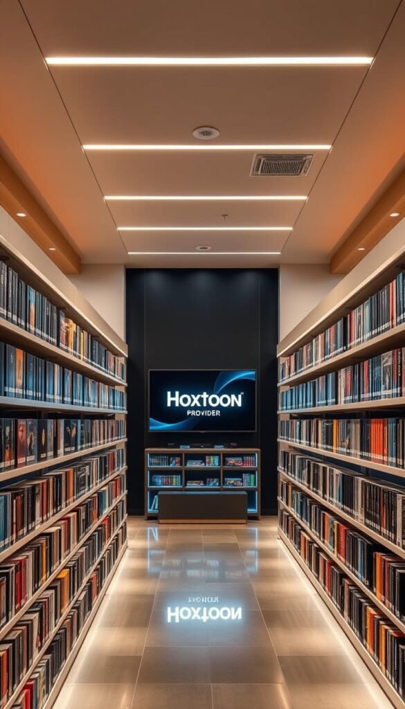 A well-lit, high-quality interior scene of the Hoxtoon VOD Library. The foreground features rows of sleek, modern shelves brimming with a vast selection of movie and TV show titles, conveying a sense of the extensive on-demand content available. The middle ground showcases a central display area with a large, high-resolution screen prominently showcasing the Hoxtoon Provider brand. The background is filled with a warm, inviting ambiance, with soft lighting and a sophisticated, minimalist decor that creates a premium, professional atmosphere. The overall composition emphasizes the depth, scale, and quality of the Hoxtoon VOD library, inviting the viewer to explore the wealth of on-demand entertainment options.