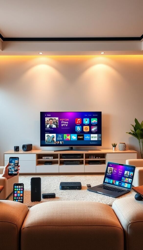 A well-lit, high-quality interior scene showcasing the versatility and multi-device compatibility of the Hoxtoon Provider IPTV service. In the foreground, a stylish living room with modern furniture and decor. A large, flat-screen TV dominates the center, displaying a vibrant, high-definition IPTV interface. Surrounding the TV, an array of devices including a smartphone, tablet, laptop, and streaming box, all seamlessly connected and accessing the Hoxtoon Provider content. The middle ground features a sleek, minimalist entertainment unit housing various media components. The background depicts a warm, cozy ambiance with soft lighting and neutral tones, creating an inviting and high-tech atmosphere. The overall composition emphasizes the ease of use and cross-platform accessibility of the Hoxtoon Provider IPTV service.