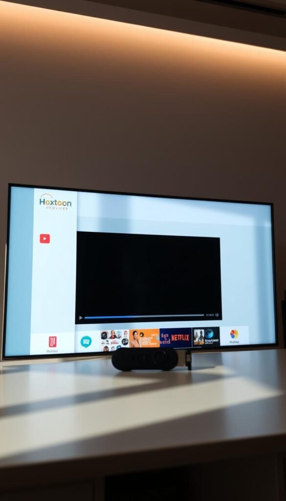 A well-lit, high-quality screenshot of a sleek and intuitive IPTV player interface designed for the Amazon Firestick. The player features a clean, minimalist layout with a large central video window, surrounded by a sidebar with easily accessible categories and search tools. The Hoxtoon Provider logo is prominently displayed in the top-left corner, conveying a sense of quality and reliability. The overall aesthetic is modern and visually appealing, with subtle animations and smooth transitions between screens. The lighting is natural and diffused, creating a warm, inviting atmosphere that enhances the user experience. The camera angle provides a clear, unobstructed view of the player's key features and functionality.