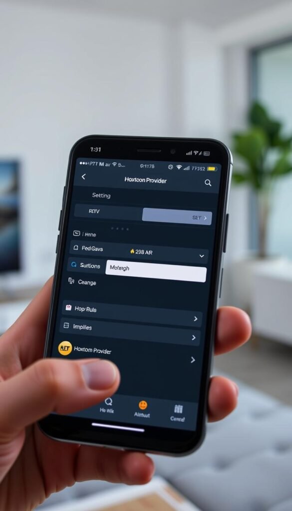 A well-lit, high-quality screenshot of the IPTV Smarters Pro app on a smartphone or tablet, showcasing the setup process with clear menus, buttons, and interface elements. The device's screen should take up the majority of the frame, with a blurred, out-of-focus background hinting at a modern, minimalist home or office setting. The app's logo and branding should be visible, along with a prominent display of the "Hoxtoon Provider" name. The overall image should convey a sense of ease and simplicity in the setup process, reflecting the informative and instructional nature of the article section.