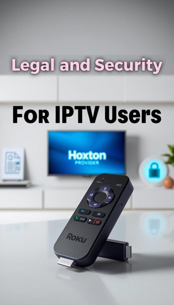 A well-lit, high-quality still life image of a Roku TV streaming device, displayed prominently in the foreground. The device is shown from an angle, showcasing its sleek design and various ports. In the middle ground, a digital display showing the Hoxtoon Provider logo and branding, indicating the IPTV service compatibility. The background features a minimalist, clean setting, with subtle hints of legal and security-related elements, such as a document or a padlock icon, to convey the "Legal and Security Considerations for IPTV Users" theme. The overall composition and lighting create a professional, trustworthy, and informative atmosphere.