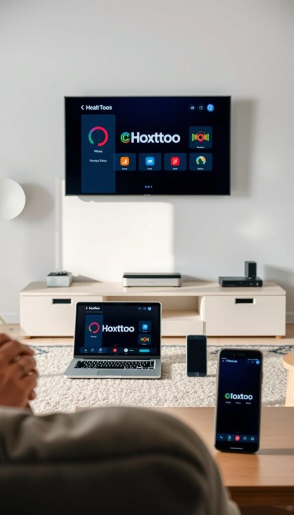 A well-lit, high-quality studio shot showcasing the process of setting up the Hoxtoon Provider IPTV service on a variety of modern devices. In the foreground, a sleek, state-of-the-art smart TV displays the Hoxtoon Provider interface, while in the middle ground, a laptop, tablet, and smartphone are arranged to demonstrate the multi-device compatibility. The background features a minimalist, contemporary home entertainment setup, highlighting the seamless integration of the Hoxtoon Provider IPTV system. The overall scene conveys a sense of ease, sophistication, and the versatility of the Hoxtoon Provider platform.